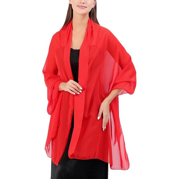 Women Red Elegant Soft Sheer Chiffon Stole Bride Wedding Shawls and Wraps - Picture 1 of 7